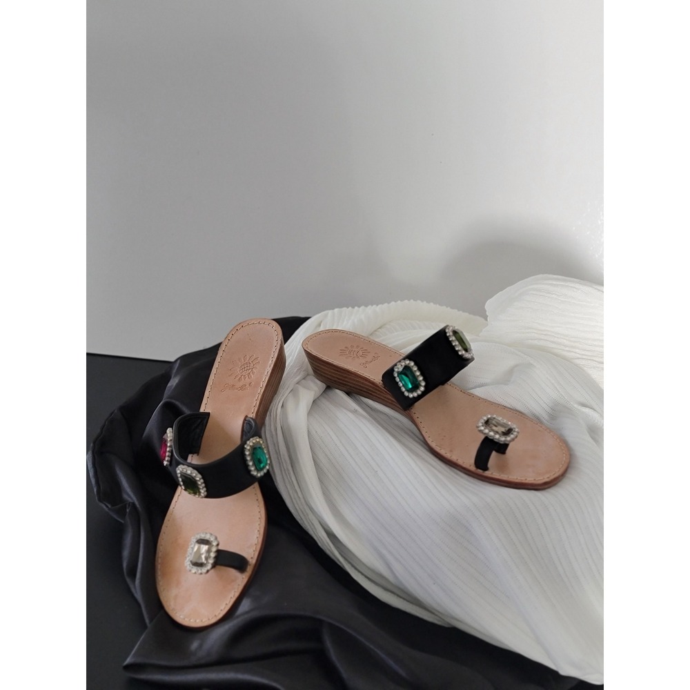 Yellow Box Angelo Black Jeweled Wedge Sandals Multi Color Crystal Toe Size 6